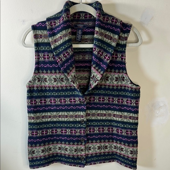 Vintage Chaps Sweater Vest Womens L Southwestern Jacquard Shawl Collar Button - Picture 1 of 8